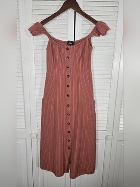 Lulus Shady Spot Rusty Rose Striped Off The Shoulder Midi Smocked Sundress Sz S